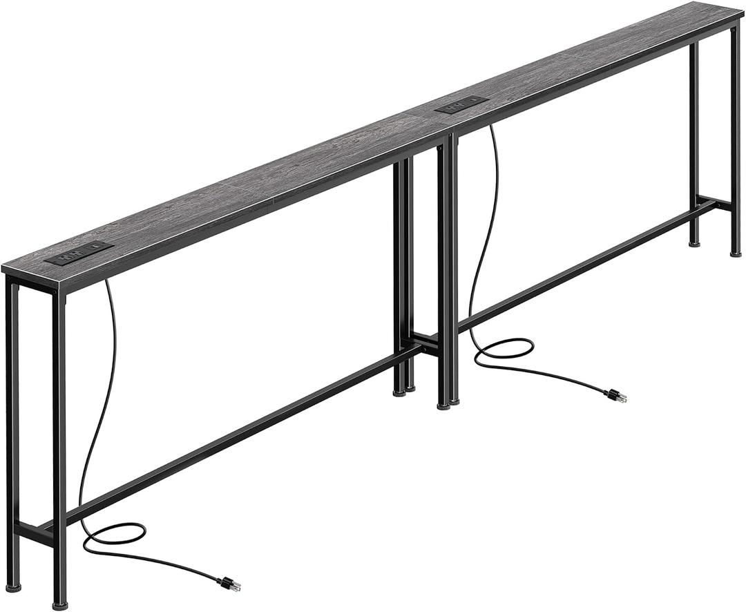 SUPERJARE 102.4 Inch Sofa Table with Power Outlets and USB-C Ports, 5.9 Inch Narrow Console Tables, Entryway Hallway Couch Tables with Storage, Behind Sofa, Small Spaces, Living Room, Charcoal Gray