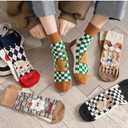 Women Crew Socks Casual Cotton Checkerboard Socks with Cartoon Bear Above Ankle Athletic Socks for Women 5 Pairs Size 5-9