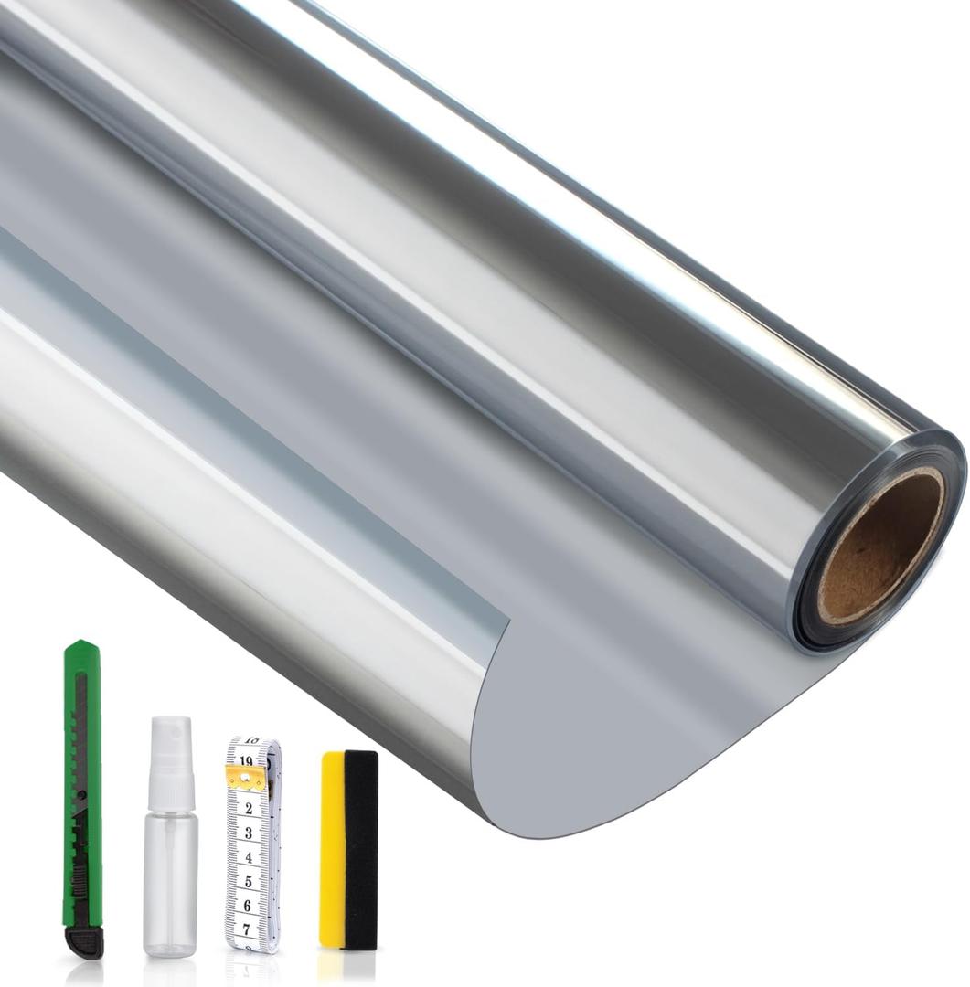 Reflective Window Film Privacy One Way, Mirror Film Daytime Privacy Heat Control UV Blocking Static Cling Window Tint Film for Home & Office, Silver, 17.3 Inch X 6.5 Feet