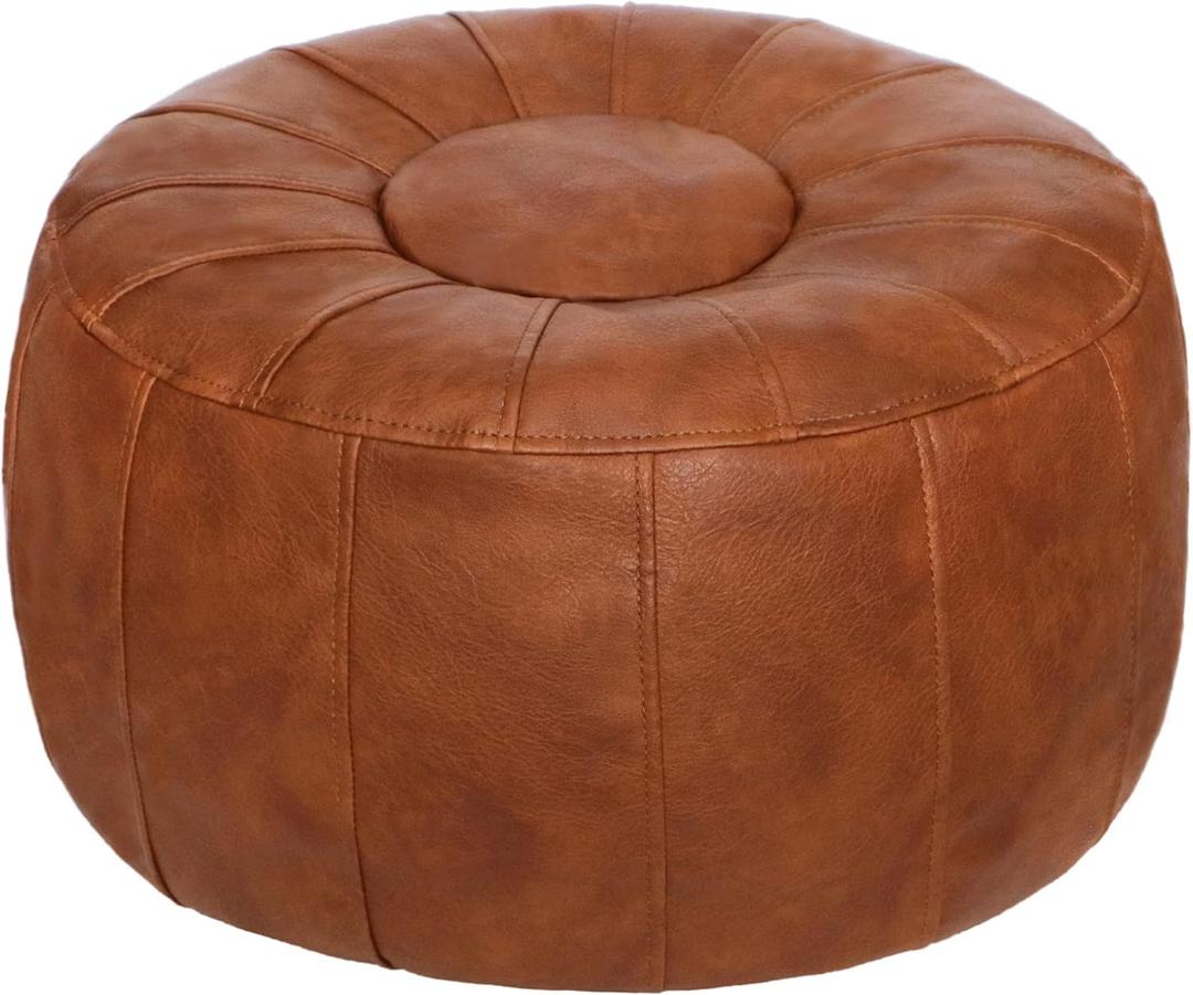 Thgonwid Unstuffed Moroccan Storage Pouf Foot Stool Ottoman Seat Handmade Faux Leather Bean Bag Floor Chair Foot Rest for Living Room, Bedroom or Balcony (Light Brown)