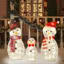 Joliyoou Christmas Yard Decoration, Set of 3 Pre-lit Snowman with 60 Warm White Lights, 2D Light Up Tinsel Snowman Family for Xmas Holiday Front Door Indoor Outdoor Decor