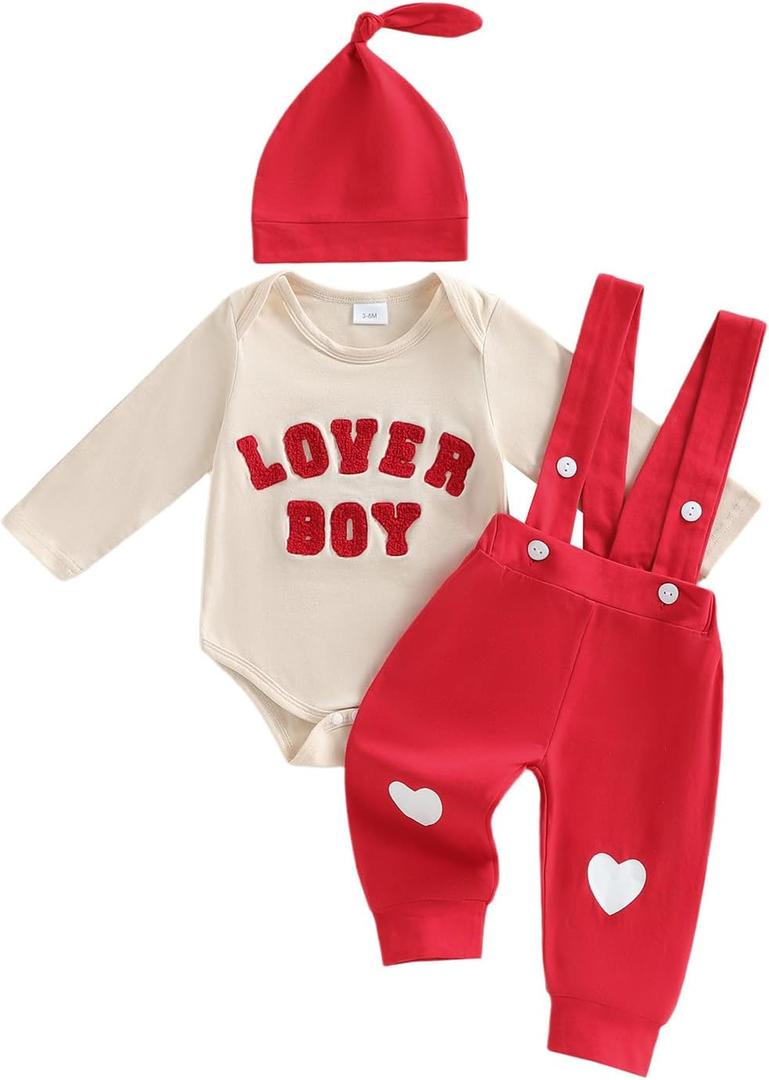 Newborn Baby Boy Valentine's Day Outfit Lover Boy Romper Bodysuit Jumpsuit Suspender Pants Set Hat Infant Clothes (6-12 Months, Light Beige)