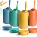 Teivio 4 pcs 10 oz Wheat Straw Kids/Toddler Cups with Lid and Straws, Reusable Spill proof cups for Kids,Unbreakable plastic cups with Silicone Straws&Cleaning Brush,Dishwasher Safe,Autumn Multicolor