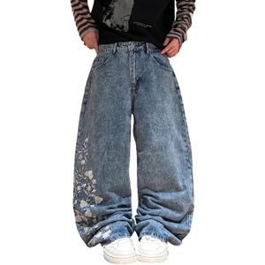 Men's Baggy Jeans Blossom Embroidery Pattern Wide Leg Y2K Jeans Mid Rise Denim Pants Streetwear (Blue, M)