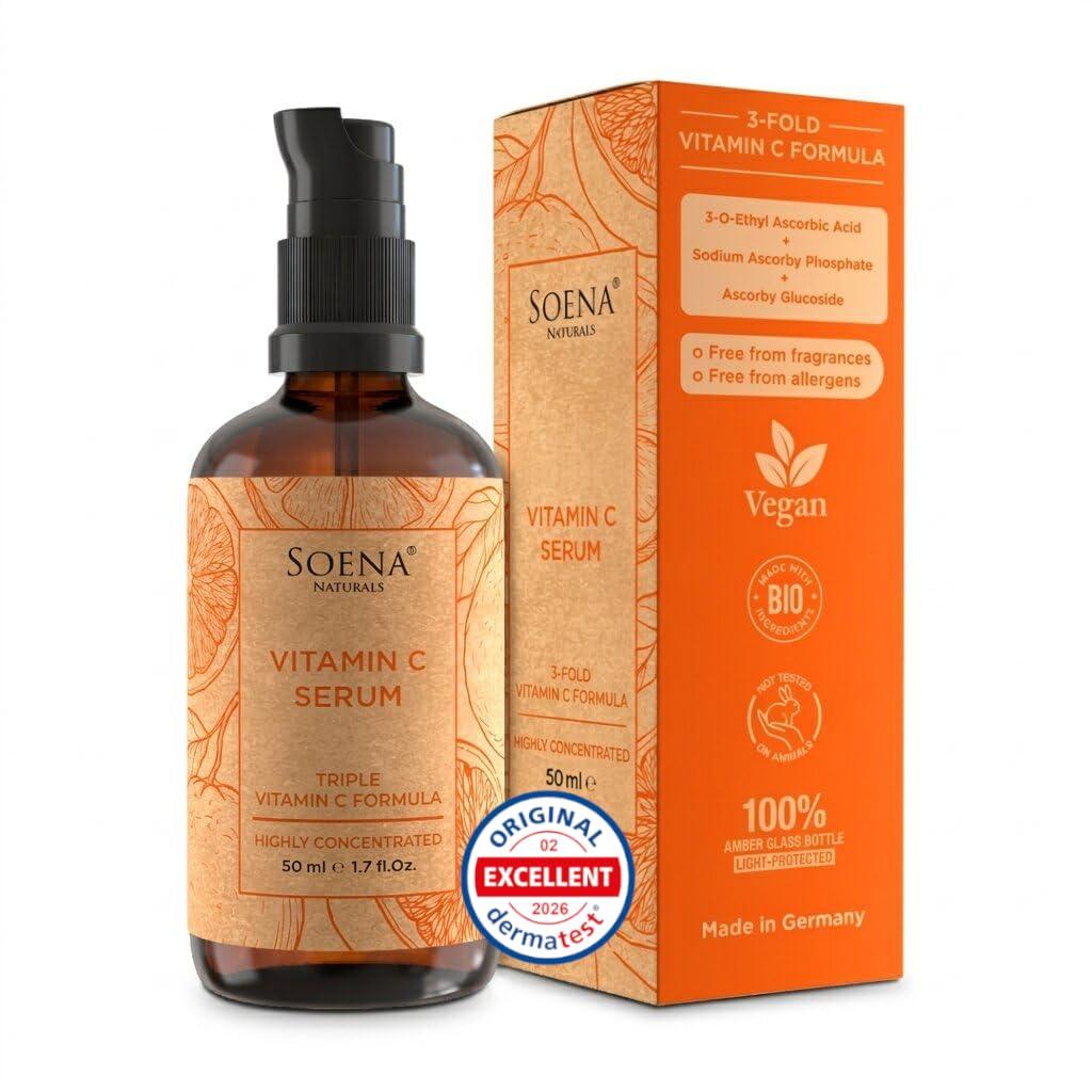 Vitamin C Serum for Face 3 Stable Vitamin C Forms + 4 Power Ingredients: Hyaluronic Acid & Panthenol Brightening Anti Aging Serum for Dark Spots, Fine Lines & Wrinkles Made in Germany, 1,7 fl oz