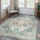 GENIMO 9x12 Area Rugs for Living Room, Machine Washable Non Slip Vintage Rugs, Low Pile Lightweight Chenille Print Rug for Bedroom, Dining Room, Home Office, Cyan