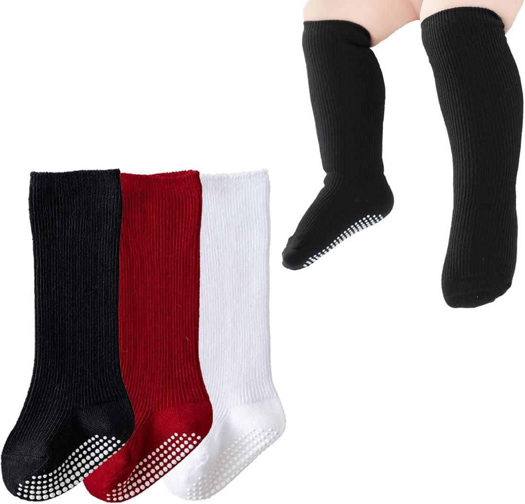 Baby Knee High Socks with Grips, Soft Cotton Ribbed Over the Calf Anti-Slip Long Socks for Newborn Infants & Toddlers