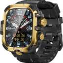 Goton Rugged Case and Band Kit with Screen Protector for Apple Watch 44mm, Compatible with Apple Watch SE 3/SE 2/SE Series 6/5/4, Full Body Shockproof Metal+PC Bumper Cover with Silicone Band, Gold