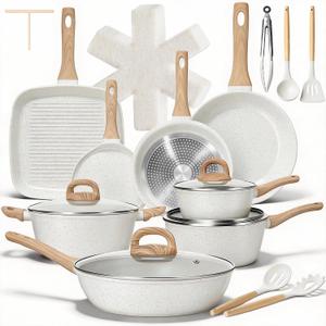 EWFEN 25 Pcs Pots and Pans Set, Nonstick Ceramic Cookware Sets, Healthy Non-Toxic, Large Capacity, Induction Compatible, Cooking Set with Frying Pans & Saucepans, PFAS/PTFE/PFOA Free, Cream White, 25-Piece