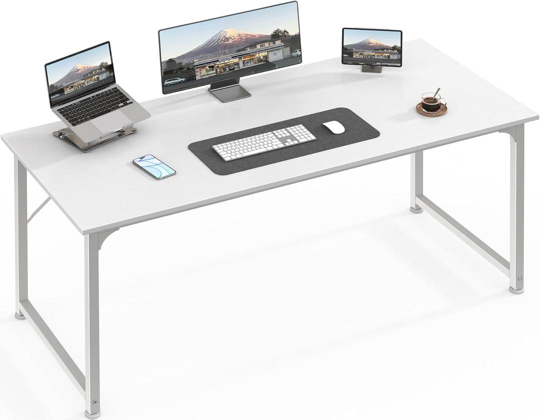 Huuger Computer Desk, 55 Inch Home Office Desk, Gaming Writing Work from Home Study Desk, Large Legroom, Sturdy Metal Frame, Modern Simple, White, 54inch