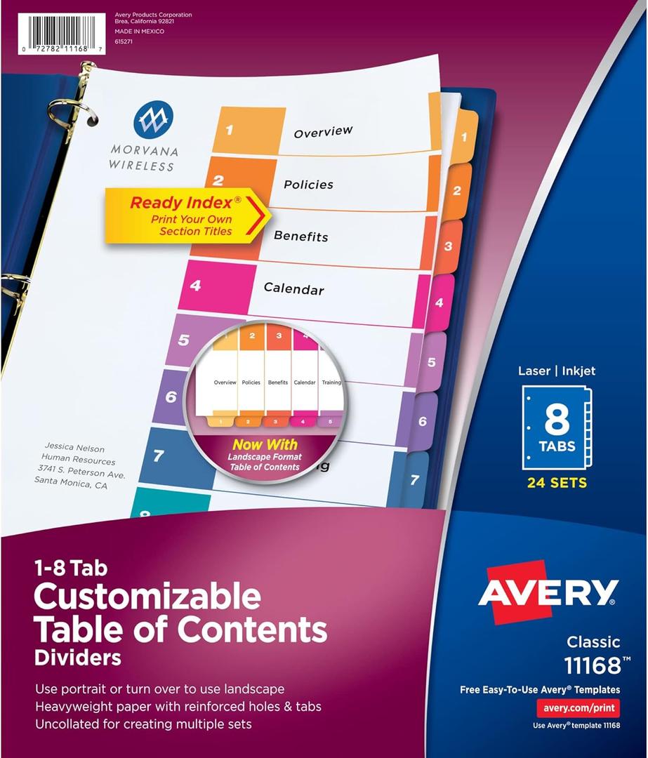 Avery Dividers for 3 Ring Binders, 8 Tabs per Set, Customizable Table of Contents, Multicolor Tabs, Great for Organizing High-Volume Reports, Projects, and More (24 Sets of 11168)
