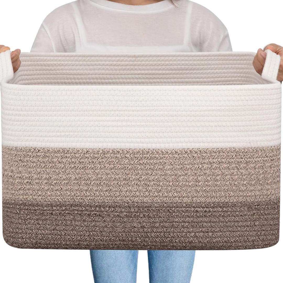 OIAHOMY Large Blanket Basket, 65L Cotton Rope Woven Laundry Basket, Toy Bin for Baby Room, Container for Blanket Storage in Living Room, 20''16''12'', Gradient Brown