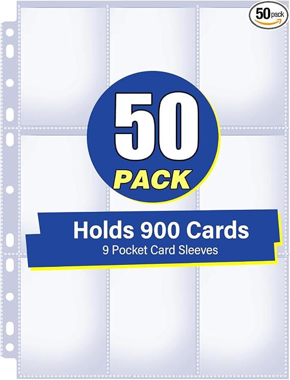 50 Pack 9 Pocket Card Sleeves Binder Sheets, Holds 900 Cards
Trading Card Sleeves for 3 Ring Binder, Protective Pages Sheets for Baseball, Football, Business, Game Cards