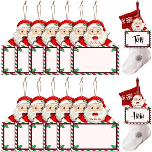 12 Pack Santa Claus Christmas Stocking Name Tags Hohoho Wooden Stocking Labels Gift Tags Santa Hanging Ornament with Rope Red Berry Wooden Name Tag for Xmas Holiday Decoration