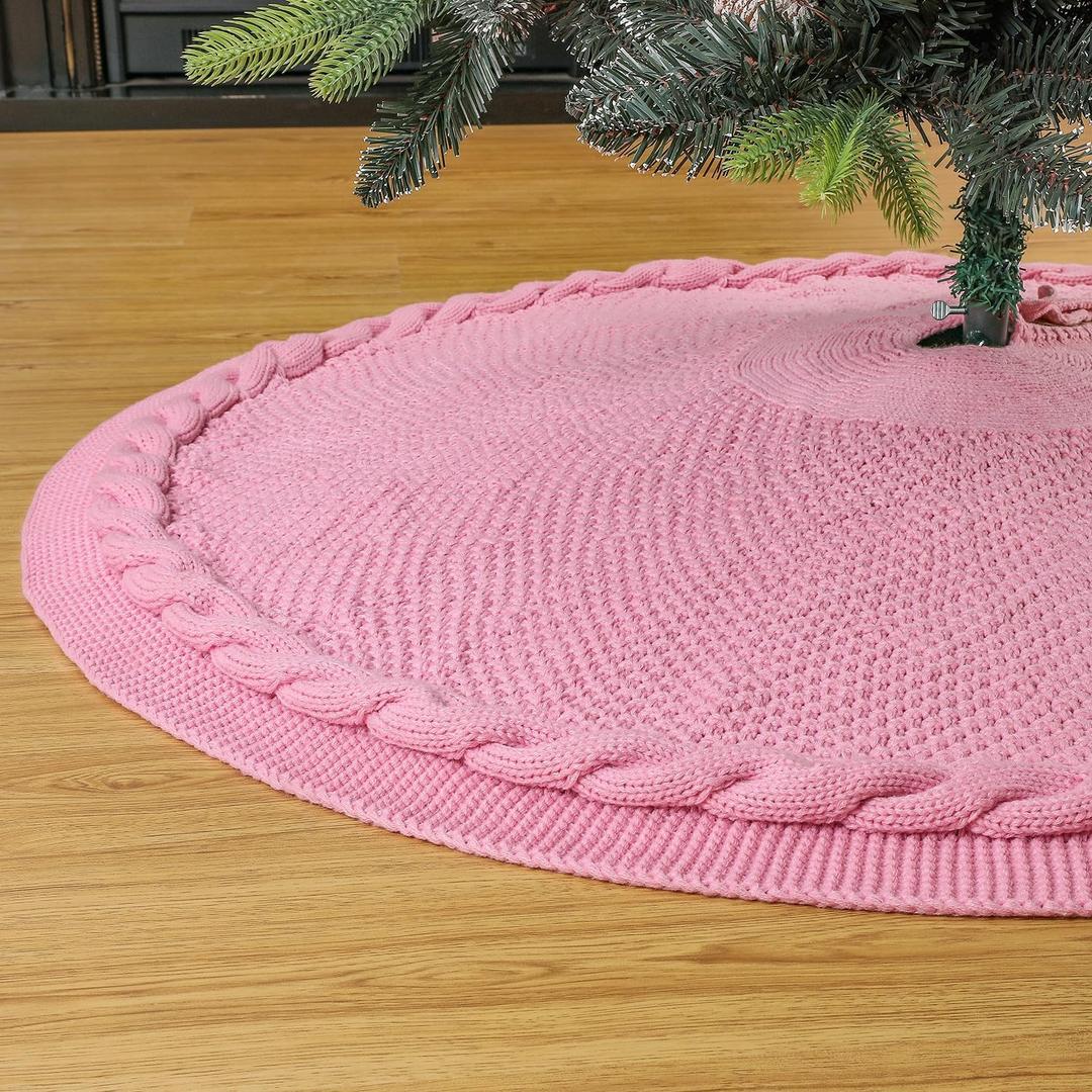 Sattiyrch Christmas Tree Skirt,Luxury Cable Knit Knitted Thick Rustic Xmas Holiday Decoration (Pink,36in)