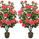 2 Pack 42" Fake Tree Rose Pink Artificial Camellia Tree with 36 Blooming Flowers Faux Floral Plant Tall Plastic Potted for Indoor Outdoor Office Shop Home Room Porch Front Door, Rose Pink