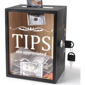 Yamahiko Wooden Tips Jar Tip Collection Box with Lock 6 x 4 x 7 Inch Money Coin Storage Container Donation Collection Suggestion Raffle Cash Box Jar for Restaurants Musicians Bartender Bars Driver