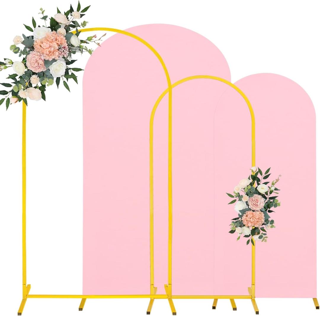 7.2FT, 6FT Wedding Arch Stand and Matching Pink Spandex Fitted Arch Backdrop Cover Set, Round Top Chiara Backdrop Stands and Covers for Birthday Party Baby Shower Banquet Arch Decor (Pink)