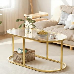 Coffee Table Gold Glass Coffee Tables for Living Room, Oval Table Center Table with Sturdy Metal Frame,Modern Tempered Glass Accent Tables for Bedroom Home Office, 1-Tier