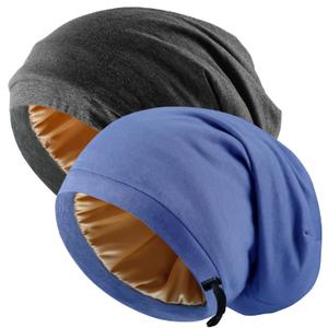 Silk Satin Bonnet Hair Wrap for Sleeping, 2 Pcs Adjustable Silk Bonnets for Women Men Sleep Cap Silk Lined Slouchy with Adjustable Strap Curly Hair Head Scarf Night Caps (Large, Black+blue)
