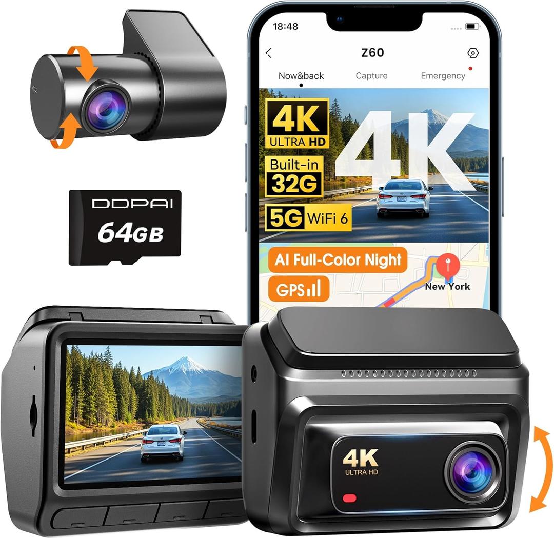 DDPAI 4K Dash Cam Front and Rear, Built-in 32G eMMC Dual Dash Car Camera,64GB Card Included Dashcam,Night Vision Dash Camera,5GHz WiFi, 7 Days Parking Mode,GPS,3" IPS, ADAS, WDR, Support 512GB,Z60