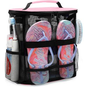 Dorm Room Essentials for Girls, Mesh Shower Caddy Hanging, Large Capacity Toiletry Bag for Women, Quick Dry Shower Bag for Camping, Cruise, Travel Essentials, Christmas Birthday Gifts for Women Girls (Pink)