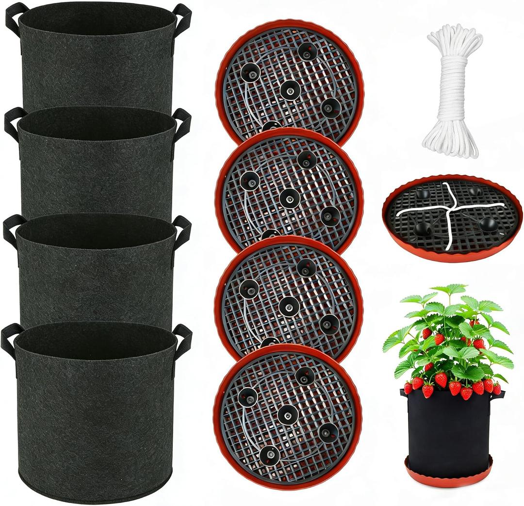 4 Pack Grow Bags 5 Gallon for Growing Strawberry Tomato Self Watering Planter Fabric Plant Grow Bag Come with Plastic Plant Saucer 300G Thickened Garden Pots to Grow Vegetables, Fruit, Flower