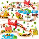 110PCS Wooden Train Set - Toy Magnetic Trains with Wooden Track Set for Kids Ages 3-8, City Scene Railway Set, Perfect Christmas Birthday Gift for Grandkids Toddlers Boys Girls