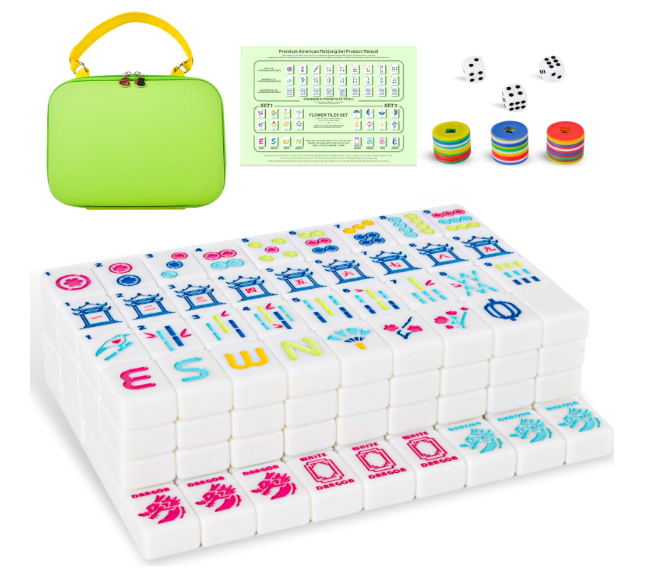 American Mahjong Tiles (1.2” Tiles Only), 166 Quality White Engraved Tiles, 1.2 inch Mahjong Tiles Set with Carrying Bag/Dice/Chips, Creative Design Patterns, Ideal Mahjong Gifts (No Rack)