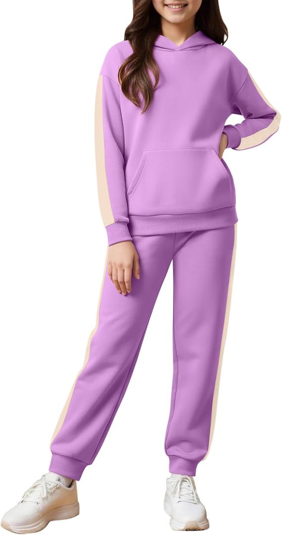 Fuermos Kids Girls Clothes 2 Piece Outfits Colorblock Casual Hoodies Long Sleeve Fashion Sweatshirts and Sweatpants (7-8 Years, Violet)