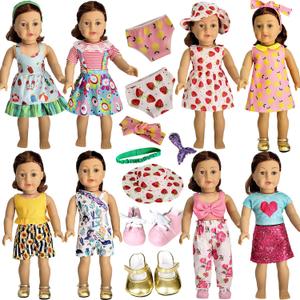 American Doll Clothes and Accessories for 18 Inch Doll, 18" Clothes Dress, Total 19 Pcs Including 8 Sets of Clothing Outfits with Shoes, Underwear, Headband, and Cap (Not Include The Doll)