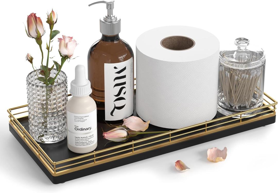 Oak Bathroom Toilet Tank Tray, 13" Paper Storage Basket Tray Back of Toilet Basket Organizer, for Perfume Makeup Candle Kitchen Counter Coffee Table Gold Decor (13" x 6.5" x 1.5")