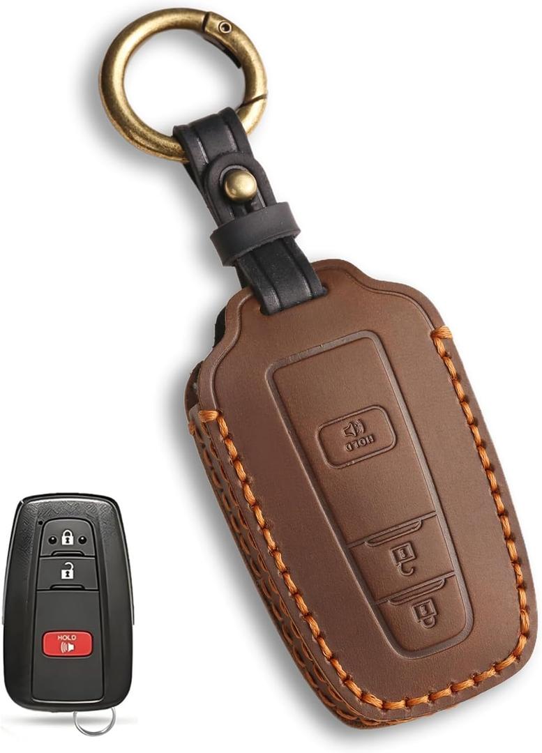 MILD EAST for Toyota Key Fob Cover Genuine Leather Key Case Shell Compatible with 4Runner Highlander Camry RAV4 C-HR (Brown, 3 Buttons)