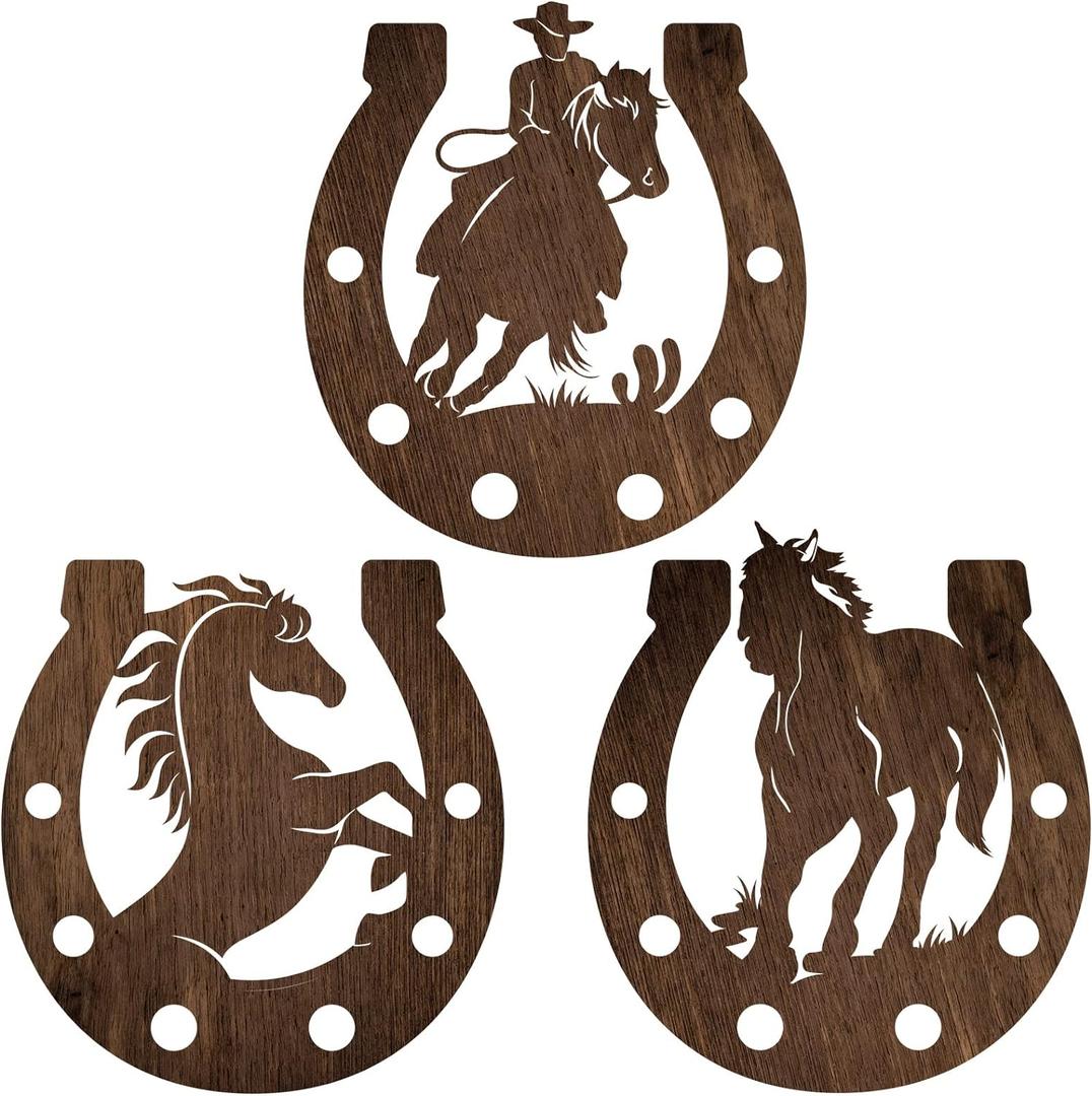 Junkin 3 Pcs Western Wall Decor Horseshoe Wood Wall Art Decor Cowboy Party Decorations Rustic Horse Shoes Decoration Hanging Western Country Cowboy Decorations for Home Bedroom Bathroom