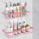 2 Pack Adhesive Shower Caddy Organizer with Hooks, Rustproof No Drilling Wall Mounted Storage Shelf Rack for Inside Shower/Bathroom/Kitchen (Pink)