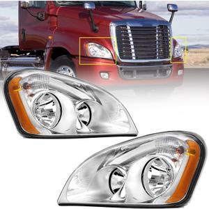 Headlights Assembly Compatible with 2008-2016 Freightliner Cascadia, Halogen Headlamps Assembly, Chrome Housing Clear Lens (Pair)