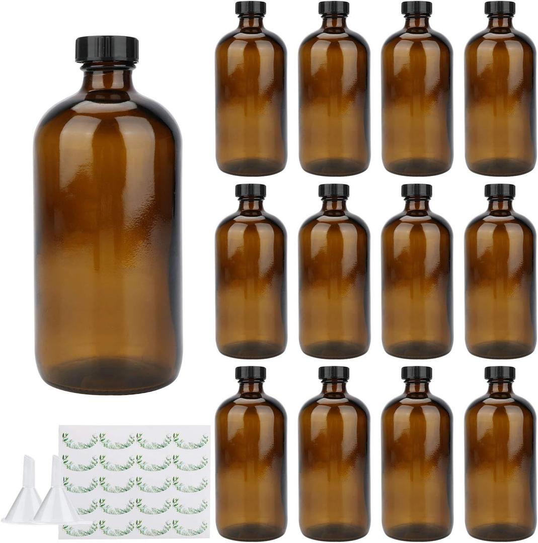 Maredash 16oz Glass Bottles, 12 Pack amber Glass Storage Bottles Sets with Lids,Amber Glass Bottle,Brown glass bottles