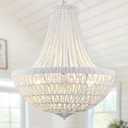 22" Boho Wood Beaded Chandelier Farmhouse Rattan Pendant Light Fixtures Bohemia Large Rattan Chandeliers for Dining Room Living Room Kitchen Island Entryway Foyer, White, 5-Lights