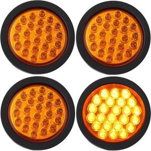 Partswcgg 4Pcs 4 Inch Round Amber Strobe Lights 24 LED Trailer Tail Lights with Stobe Solid Flash Patterns for Truck Towing Trailer Lamps Warning Waterproof w/Grommets and 3 Prong Plug 10V-30V