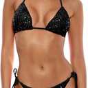 Women's Shiny Triangle Bikini Set Sequin Halter String Backless Tie Side Two Piece Swimsuit Bathing Suit (2-4, Black)