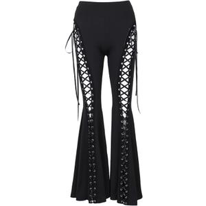 Y2k Bell Bottom Pants for Woman Gothic Black Lace-Up Cutout Stretch Punk (Large)