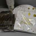 200 pieces of white and gold birthday party supplies, disposable happy birthday tableware set, gold plastic knives, forks, spoons, straws. Birthday themed tray, cup,25Guestswhite