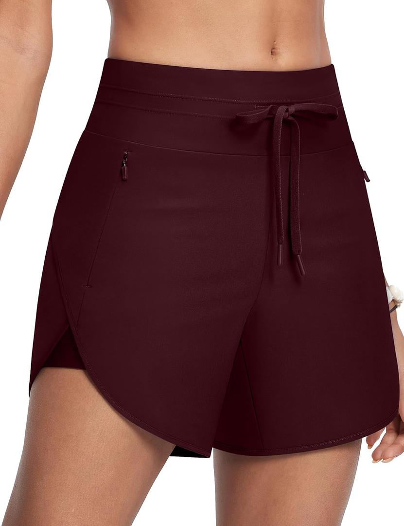 Womens 5.5" Swim Shorts High Waisted Board Shorts with Pockets Quick Dry UPF 50+ Beach Shorts with Liner, Large, Watermelon Red 