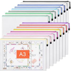 EOOUT 16pcs Mesh Zipper Pouch Bags, A3 Large Zipper Bags Board Game Storage with Labels, 16.7x12.4 Inch Plastic Zip File Folders Puzzle Storage Bag for Organizing Classroom Office Home