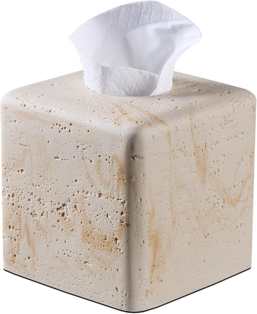 Natural Travertine Tissue Box Cover  Modern Resin Cube Holder for Bathroom, Bedroom, Office  Decorative Square Tissue Box for Countertop, Nightstand, Vanity & Desk  Heavy&Sturdy