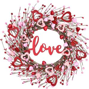 Waipfaru 20in Valentines Wreaths for Front Door, Valentine Wreath with Love Sign, Wreath with Red Wooden Heart Berries, Valentines Day Decorations