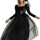 Womens Green Witch Costume Long Dress for Halloween, Cool Gothic Floor-Length Gown with Sleeves, Cosplay Party Outfit (M)
