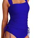 Pink Queen Women's High Waisted Swimsuit Ruched Bathing Suit Tankini Top 2 Piece Cheeky High Waisted Bikini Set Blue L