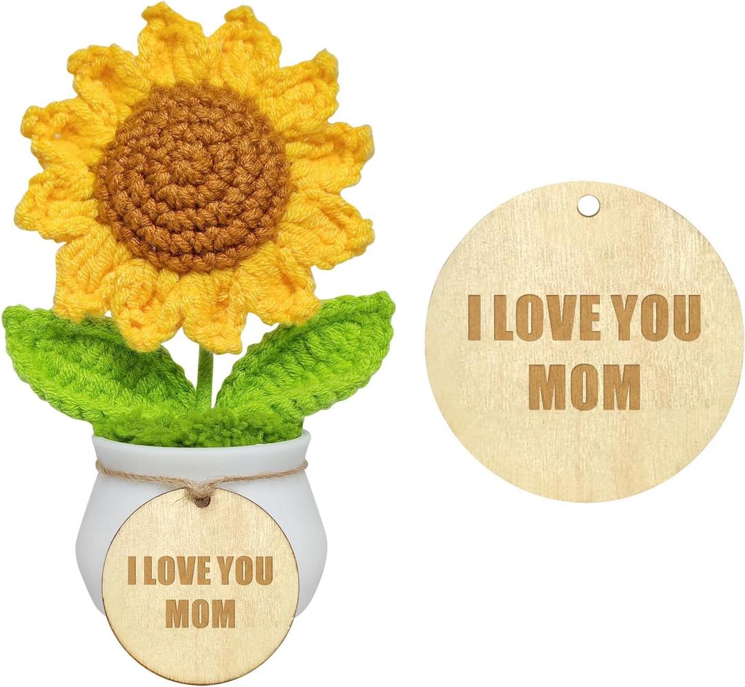 Crochet Sunflower with Positive Wood Tag-I Love You-Gift for Mom, Birthday Mothers Day Thanksgiving Christmas for Mom from Daughter Son Stepmother Adoptive