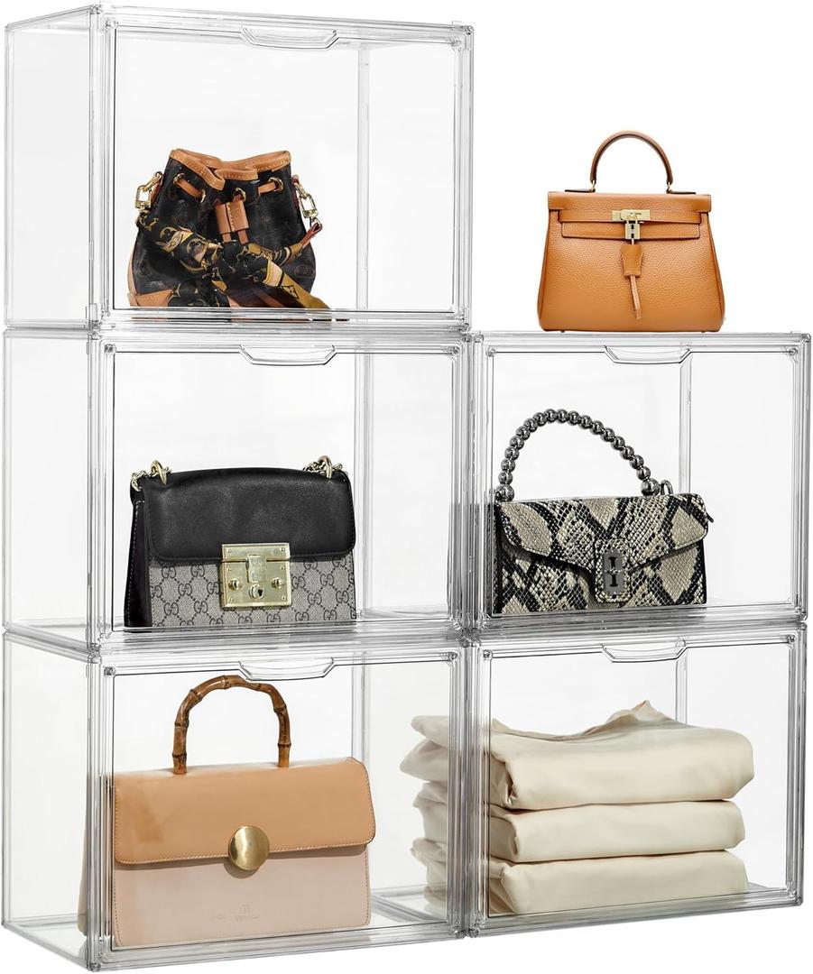 Purse Organizer for Closet, 5 Pack Clear Acrylic Display Case for Purse Handbag Storage, Stackable Purse Storage Boxes with Magnetic Door for Collectibles, Wallet, Cosmetic